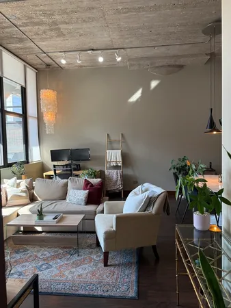 a living room with furniture and a potted plant
