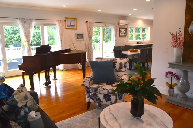 a dining room with furniture a potted plant and wooden floor