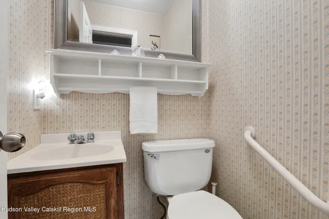 a bathroom with a sink a toilet and mirror