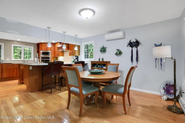 a view of a dining room with furniture