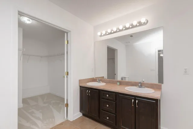 a bathroom with a sink vanity and a mirror
