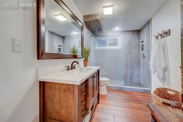 a bathroom with a sink a toilet a mirror and shower