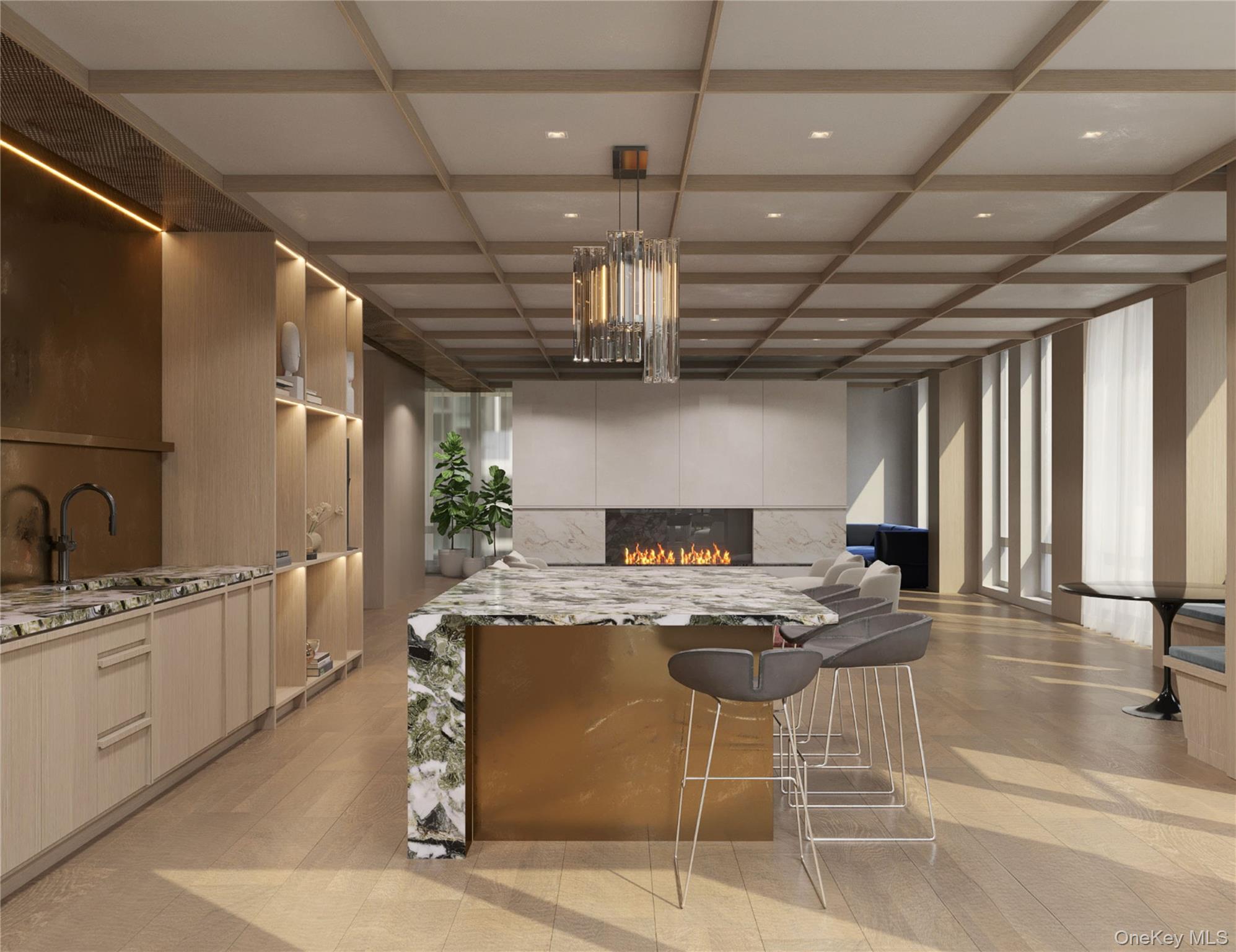 133-25 37th Avenue, Unit 3A Queens, NY 11354 - Photo 11 of 11 Kitchen featuring modern cabinets, a fireplace, light stone countertops, a center island, and open floor plan