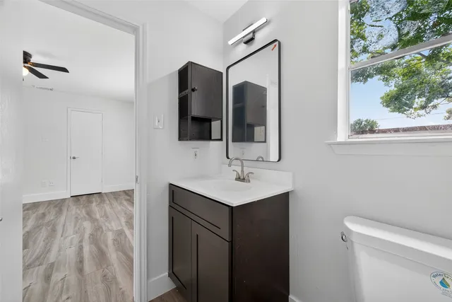 a bathroom with a sink toilet and mirror