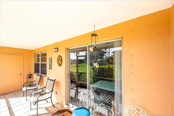 a patio with water view