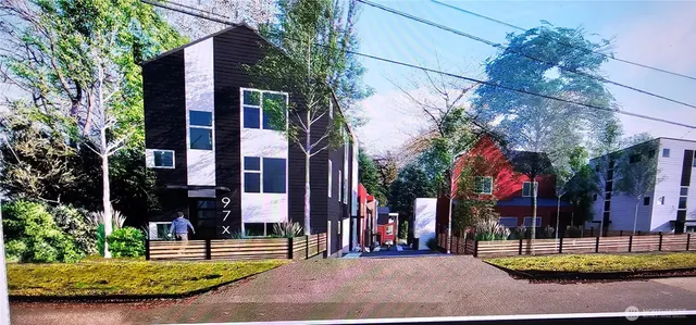 a front view of a building with street view