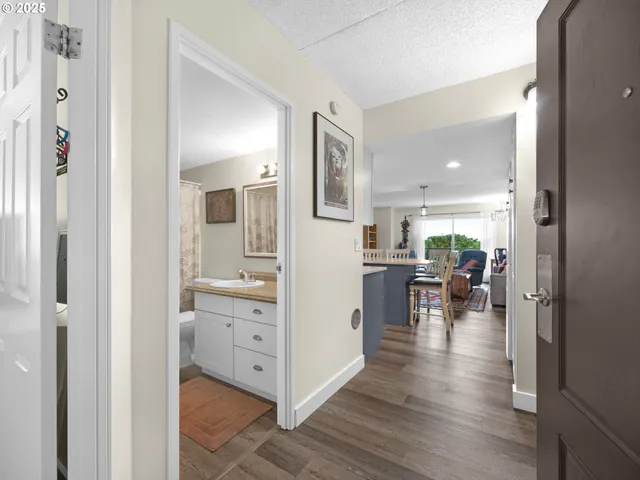 a view of dining room with wooden floor