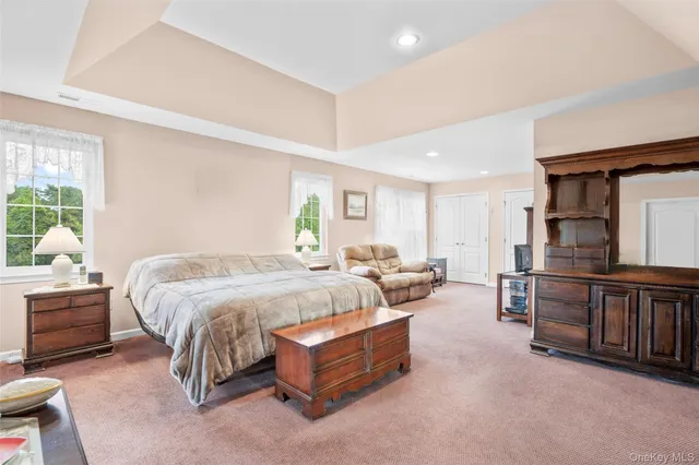 a spacious bedroom with a bed and dresser
