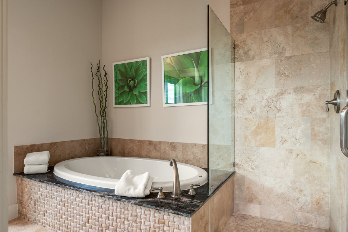1101 Ivean Pearson Road, Unit E201 Leander, TX 78645 - Photo 13 of 20 a bathroom with a granite countertop bathtub and shower