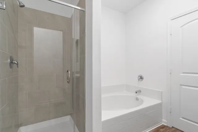 a bathroom with a bathtub and shower