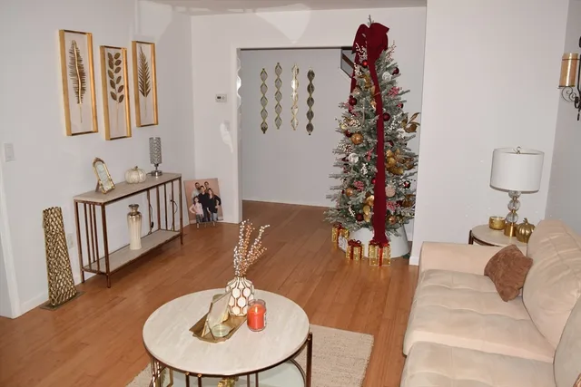 a dining room with furniture potted plants and wooden floor
