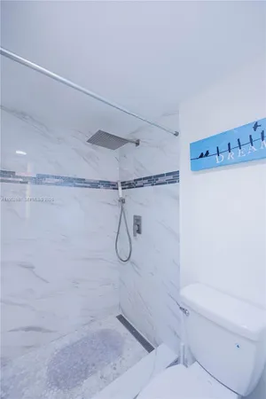a bathroom with a shower and a toilet