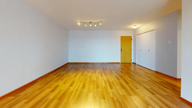 a view of empty room with wooden floor