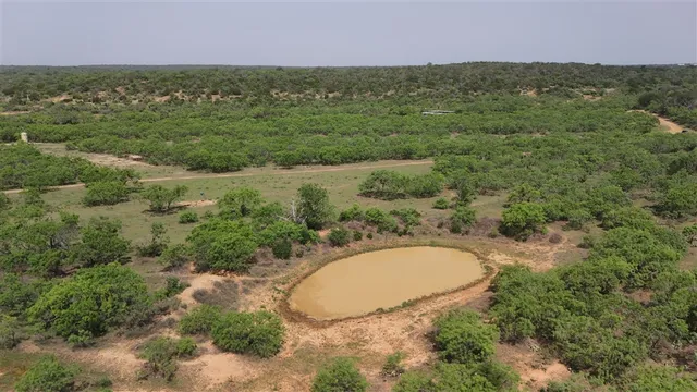 an aerial view of a houses with outdoor space and trees all around