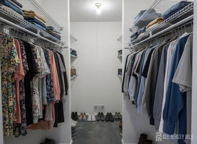 a view of walk in closet with clothes and shoes