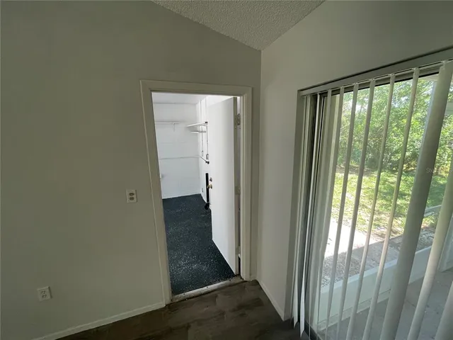 a storage room with cabinets