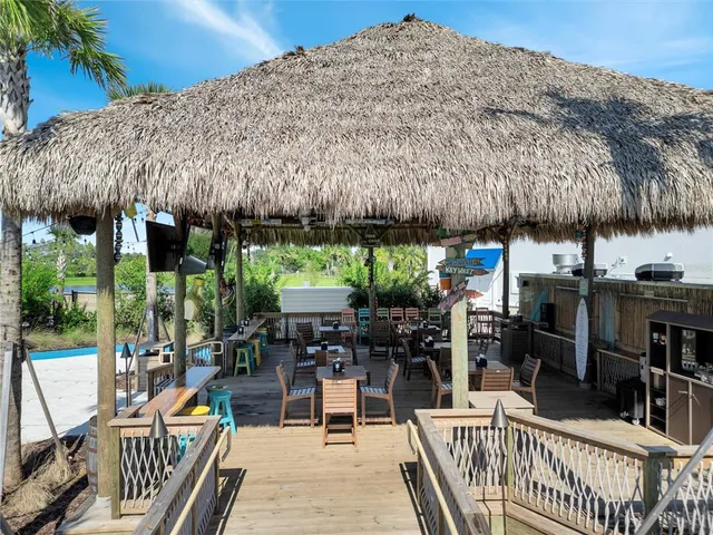 a view of a city with lawn chairs