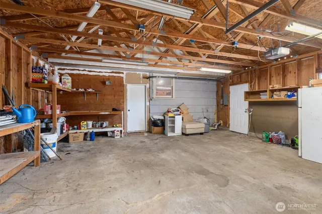 a view of a garage with storage