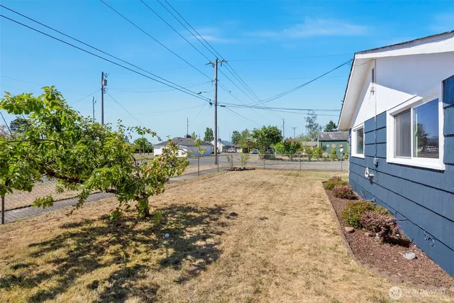 a view of a yard with yellow house