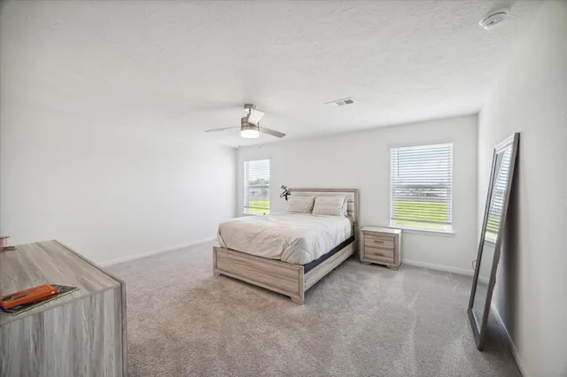 a bedroom with a bed and a window