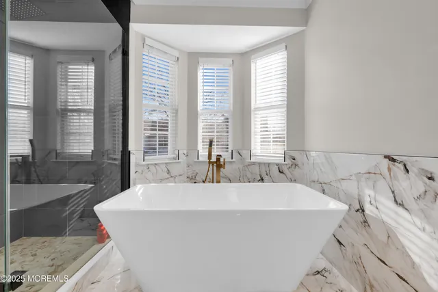 a bathroom with a bathtub and a shower
