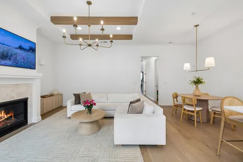 a living room with furniture a chandelier and a fireplace