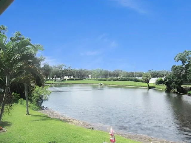 a view of a lake with houses in the background