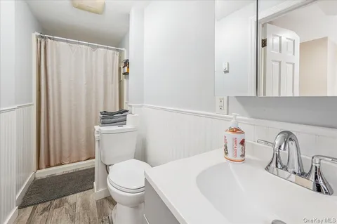 a bathroom with a sink a toilet and a mirror