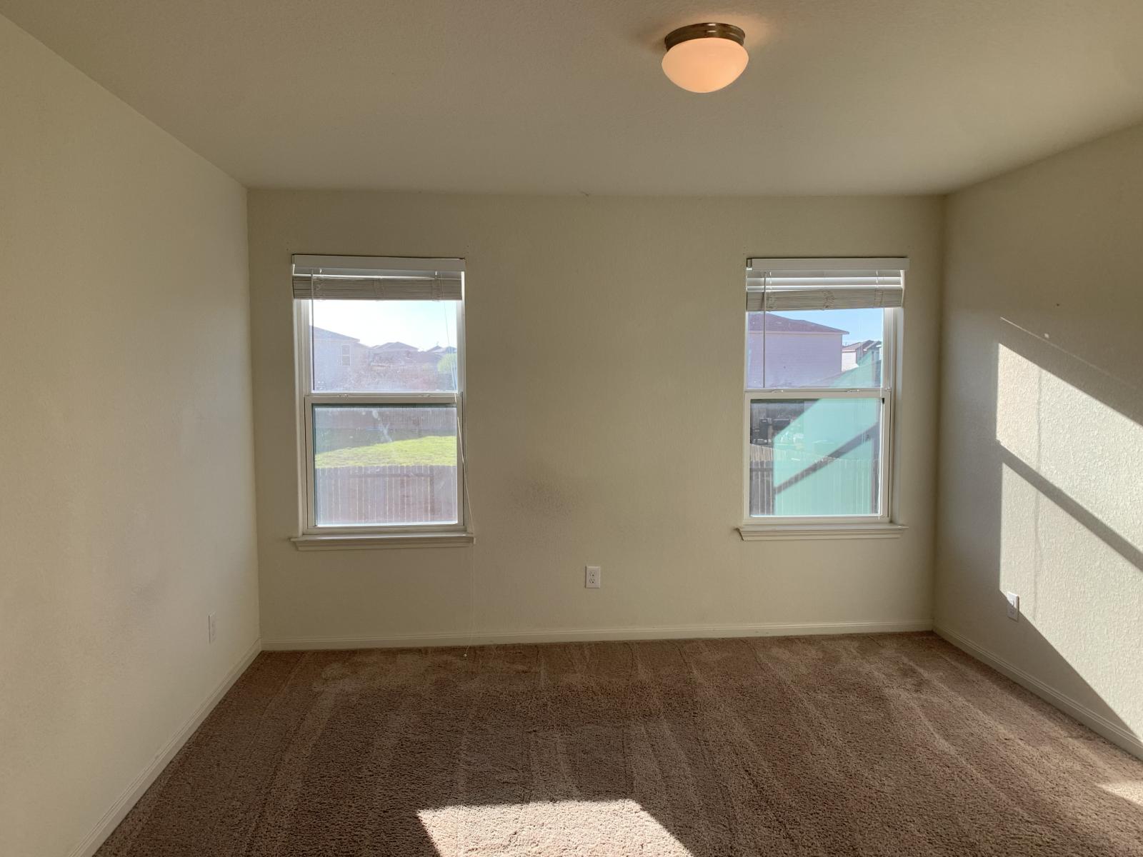 217 Denson Lane Jarrell, TX 76537 - Photo 17 of 26 Carpeted room with two double-hung windows, light beige walls, and a flush-mount ceiling light fixture