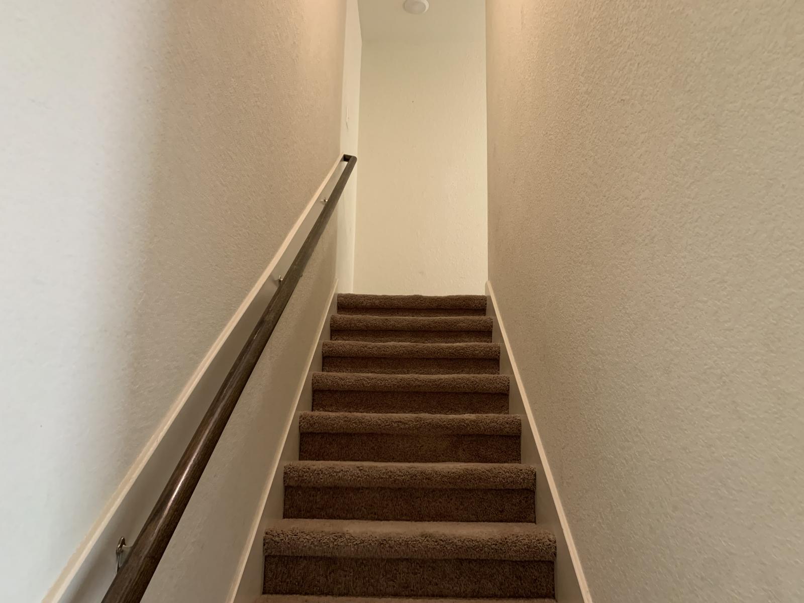 217 Denson Lane Jarrell, TX 76537 - Photo 21 of 26 Carpeted staircase featuring a wooden handrail and white wall trim