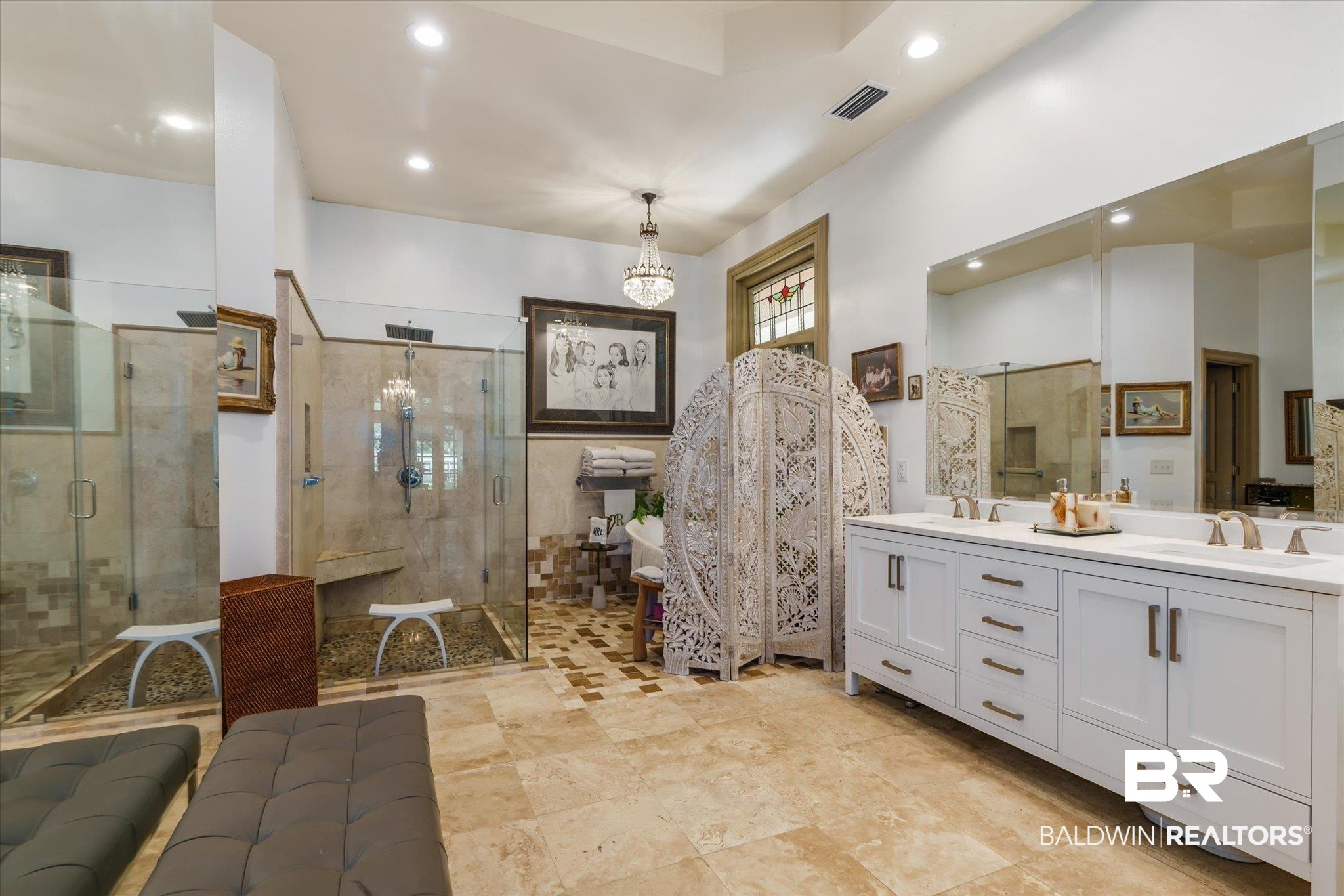6341 Raintree Road Fairhope, AL 36532 - Photo 16 of 40 Bathroom with tile patterned flooring, an enclosed shower, and vanity
