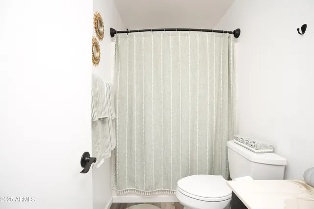 a white toilet sitting next to a shower curtain