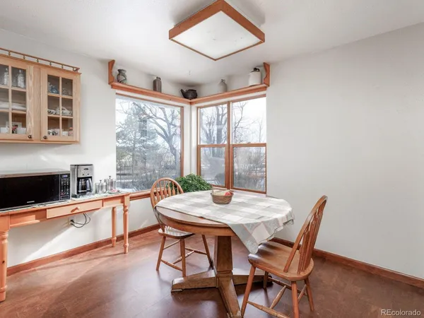 a view of a dining room with furniture window and outside view