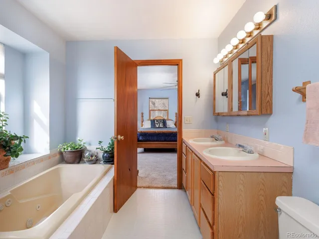 a bathroom with a tub sink and mirror