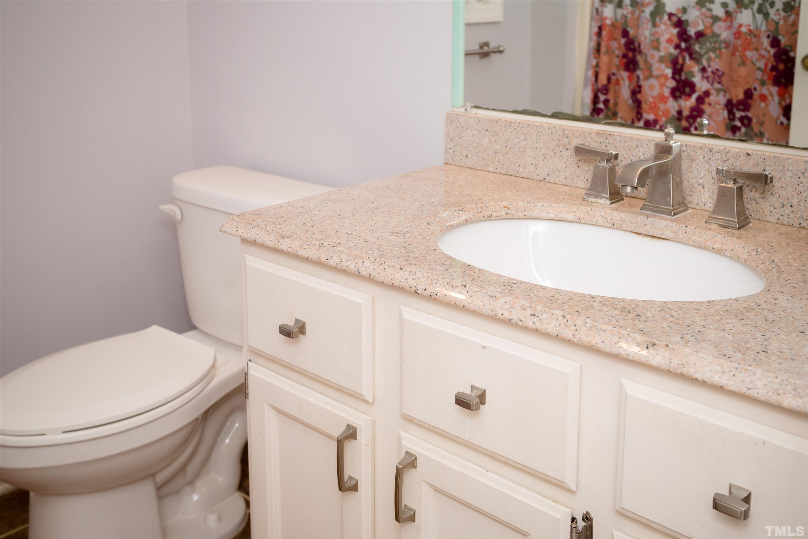4326 Beechnut Lane Durham, NC 27707 - Photo 20 of 26 a bathroom with a granite countertop toilet sink and mirror