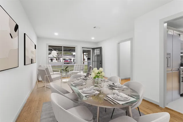 a view of a dining room with furniture
