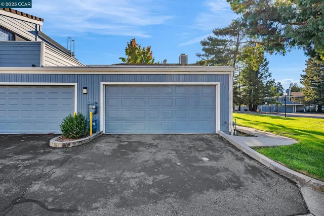 a view of a house with backyard and a garage