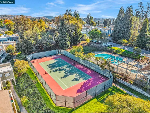 an aerial view of a pool