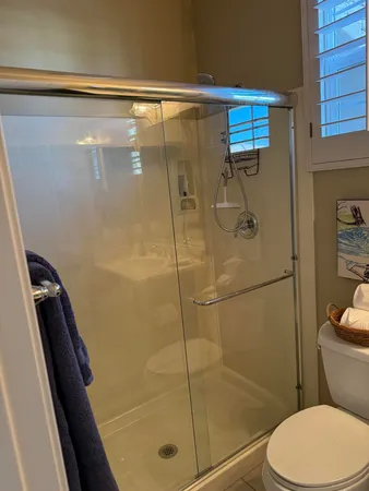 a bathroom with a shower and toilet