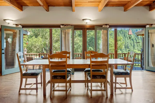a dining room with furniture window and wooden floor