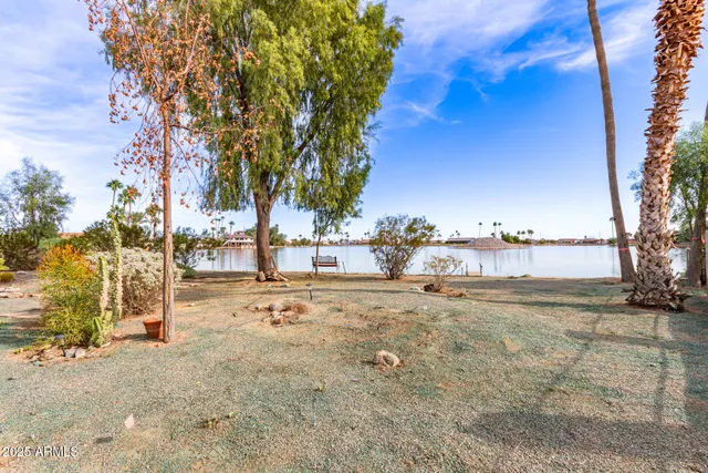 a view of a lake with a beach