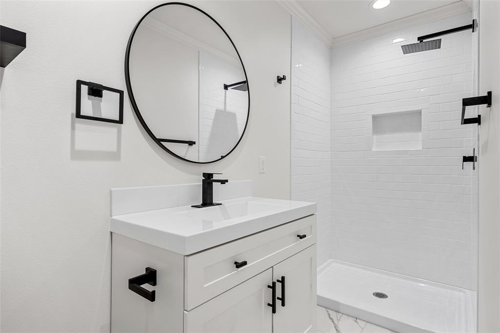 611 North Rita Street Lacy-Lakeview, TX 76705 - Photo 9 of 17 Full bath featuring vanity, a shower stall, crown molding, and recessed lighting