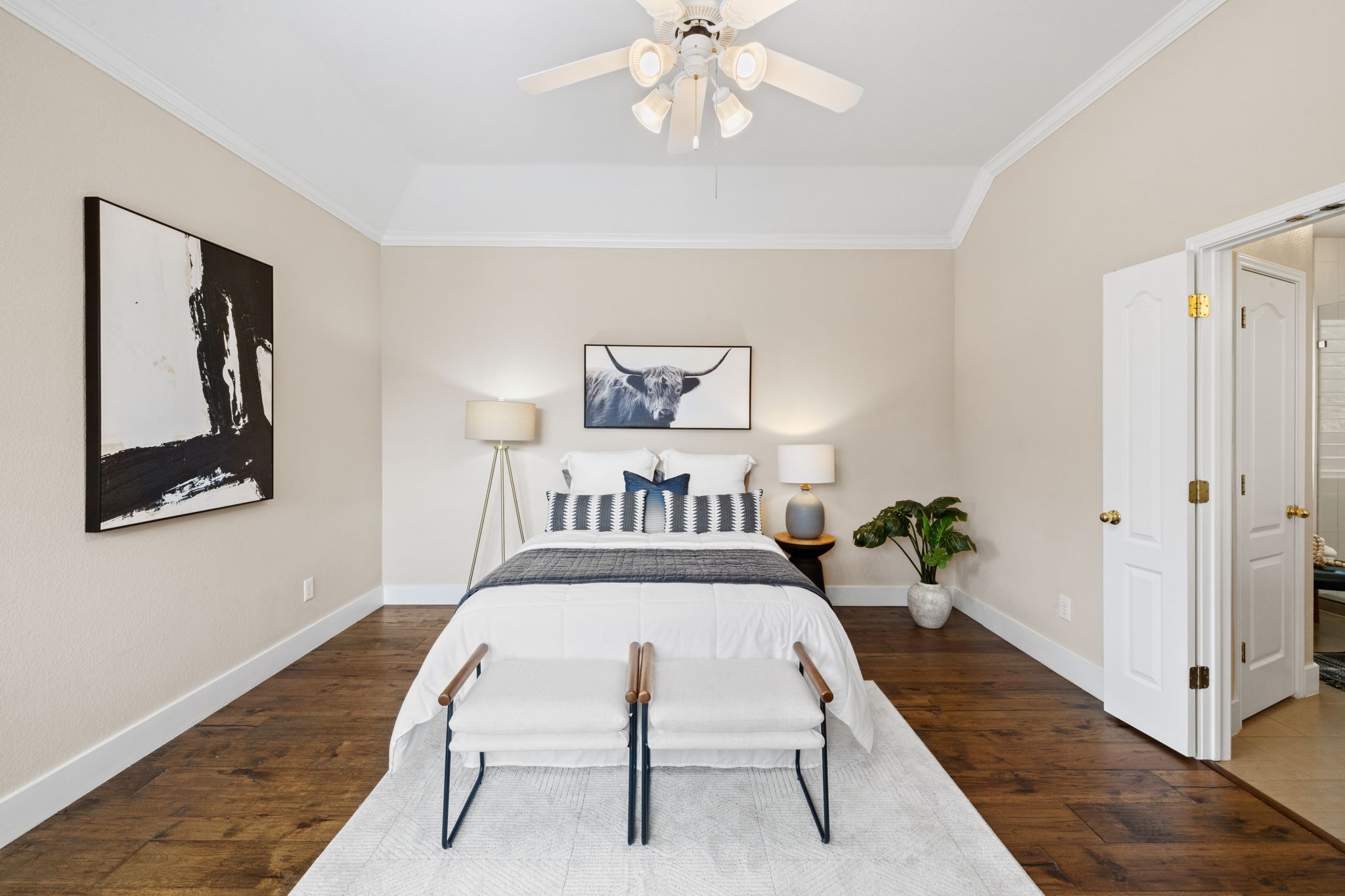 8112 Cobblestone Austin, TX 78735 - Photo 20 of 33 Bedroom featuring crown molding, wood finished floors, and a ceiling fan