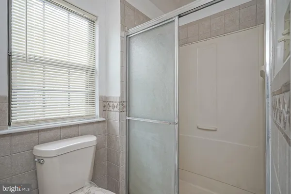 a bathroom with a shower and a toilet
