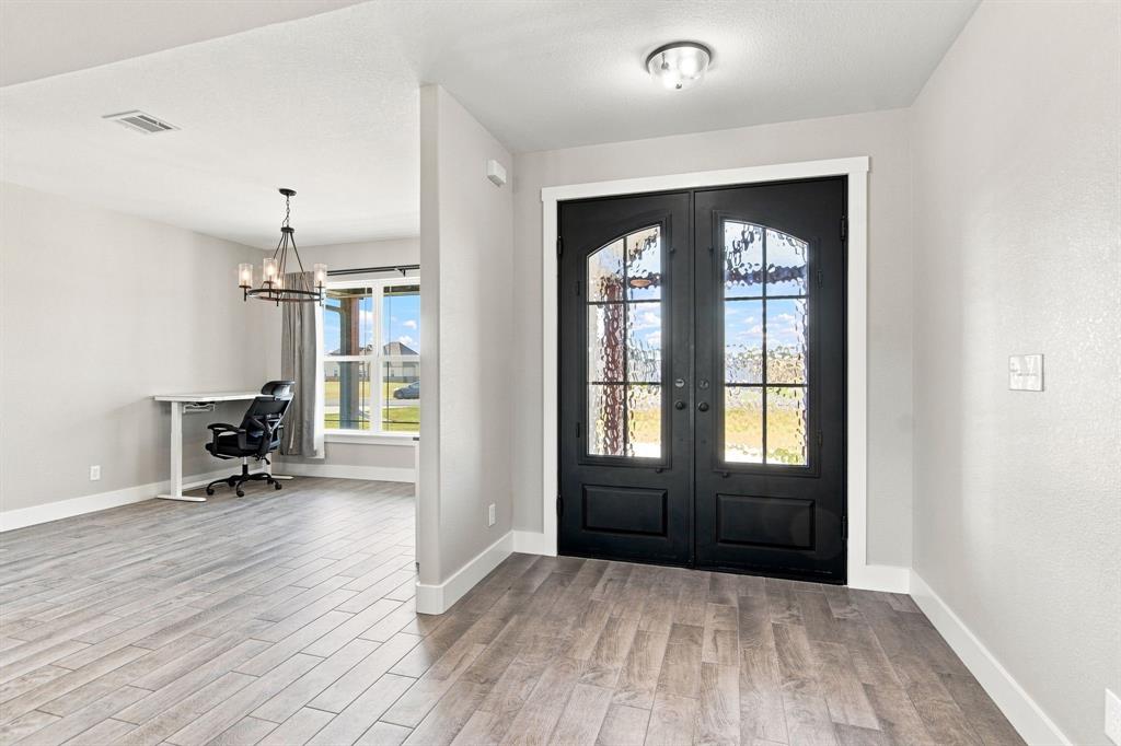 121 Friendship Way Boyd, TX 76023 - Photo 7 of 38 Welcoming foyer featuring elegant black double doors with decorative glass panes, light wood-finish plank flooring in a herringbone pattern, and clean white walls with substantial architectural trim