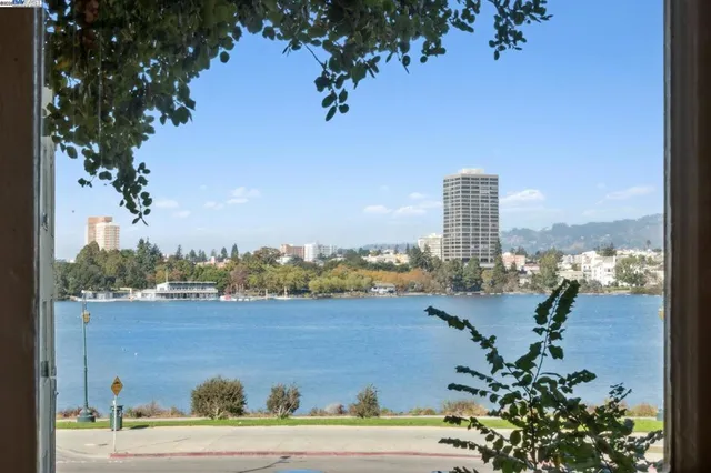 a view of a lake with a city