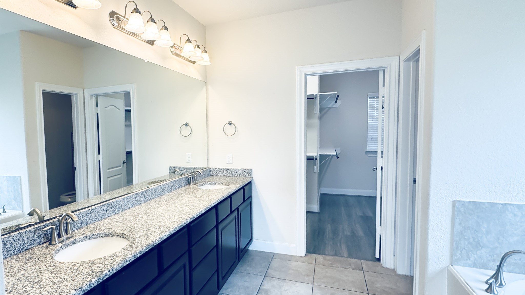 1236 Laurel Loop Angleton, TX 77515 - Photo 14 of 17 a bathroom with a granite countertop sink a mirror and a shower
