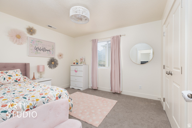 1713 South Windemere Road Santaquin, UT 84655 - Photo 17 of 40 Carpeted room featuring a window with blinds and drapes, a white paneled door, and a decorative ceiling light fixture