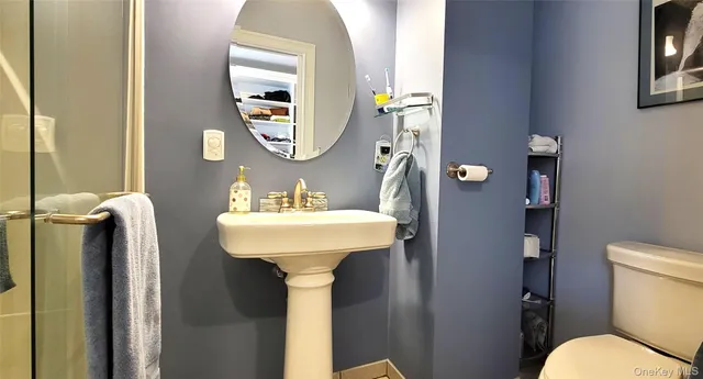 a bathroom with a toilet sink and mirror