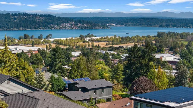 a view of a lake with houses in the back
